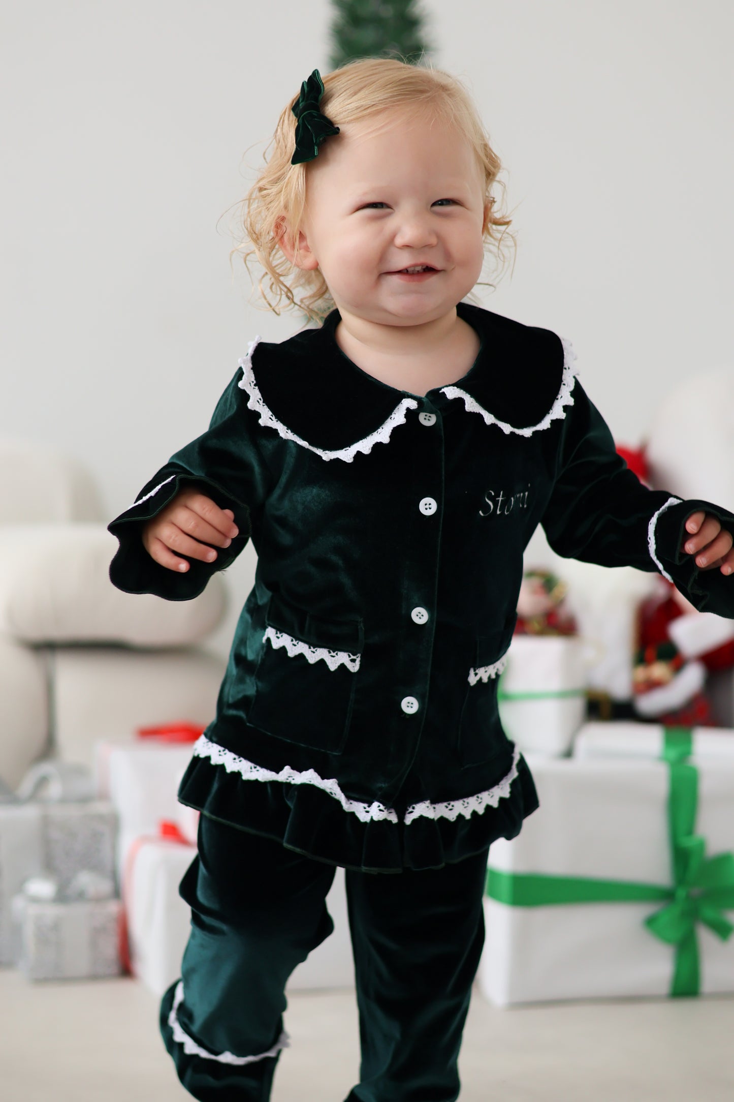 GIRLS VELVET PYJAMAS GREEN (personalised)