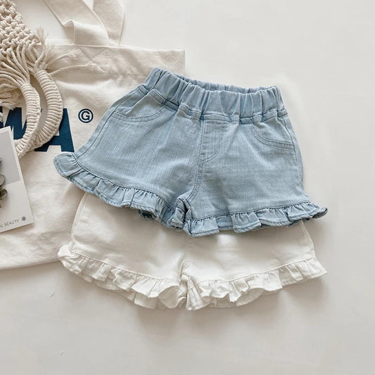 BLUE DENIM FRILL SHORTS