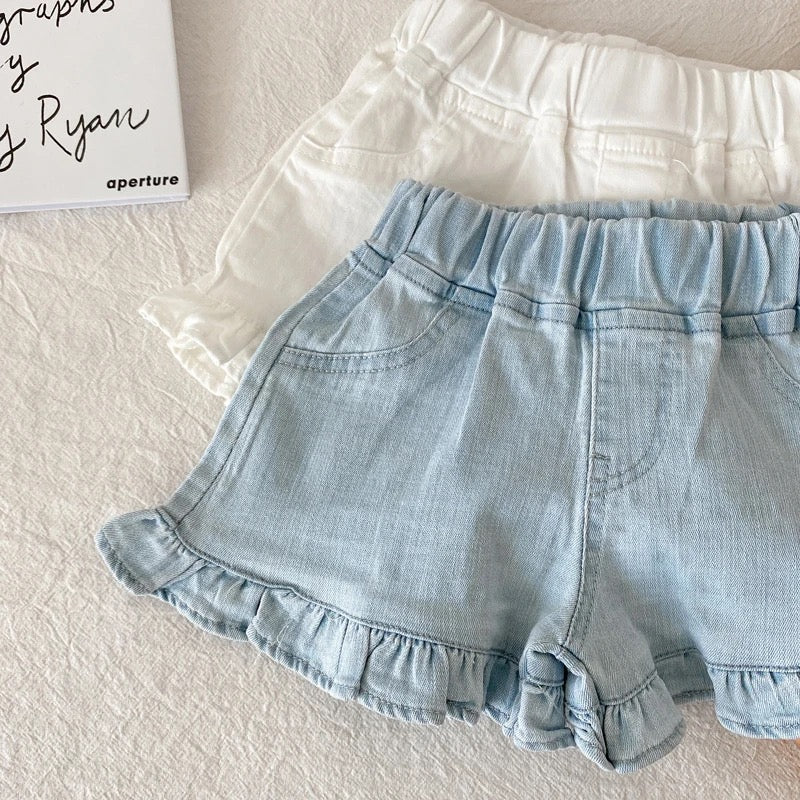 BLUE DENIM FRILL SHORTS