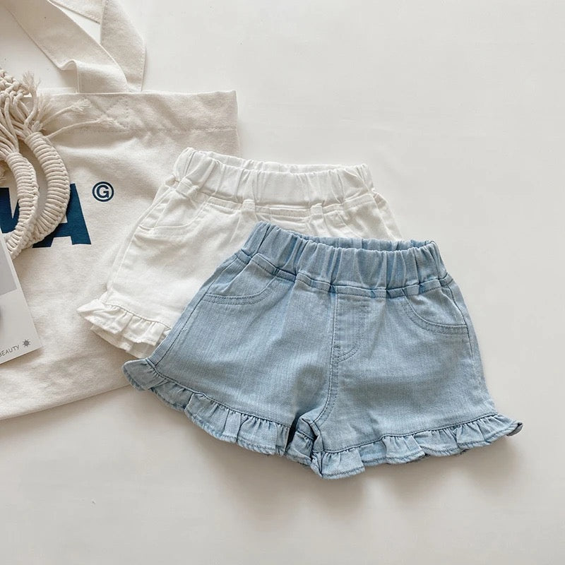 BLUE DENIM FRILL SHORTS