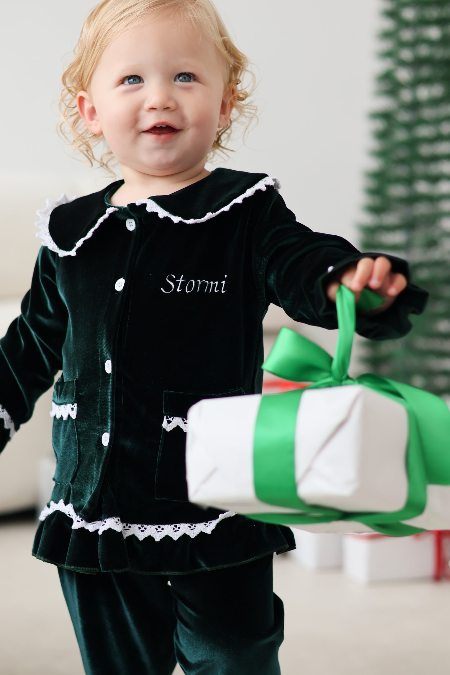 GIRLS VELVET PYJAMAS GREEN (personalised)