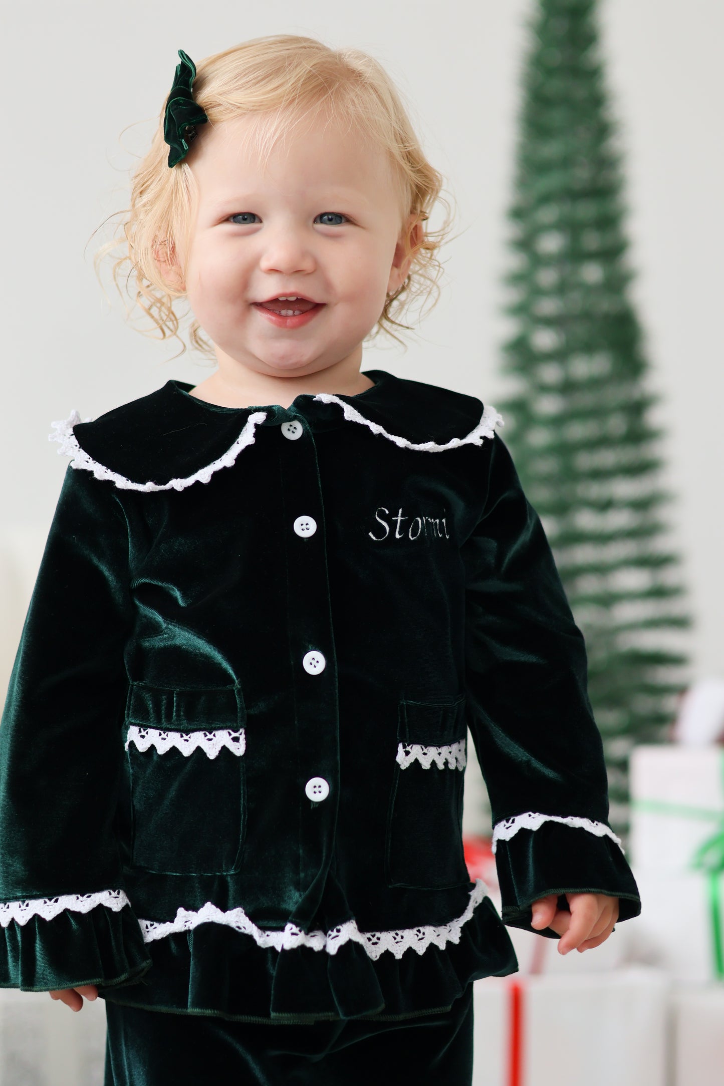 GIRLS VELVET PYJAMAS GREEN (personalised)