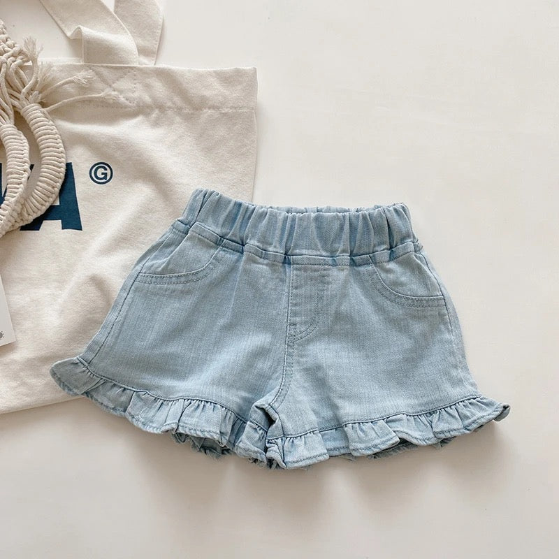 BLUE DENIM FRILL SHORTS