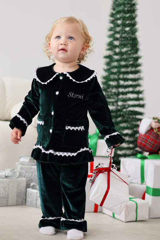 GIRLS VELVET PYJAMAS GREEN (personalised)