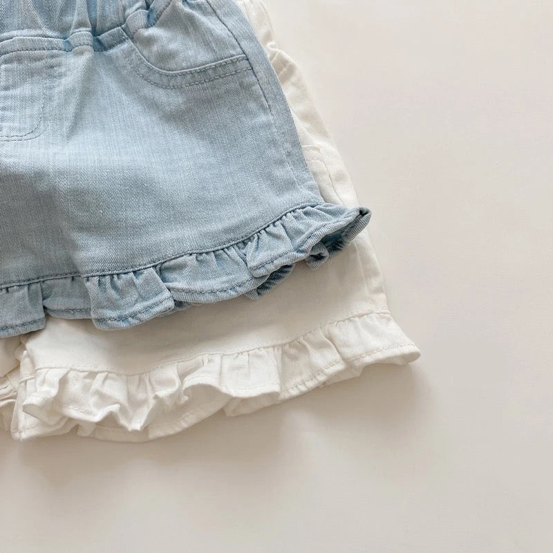 BLUE DENIM FRILL SHORTS