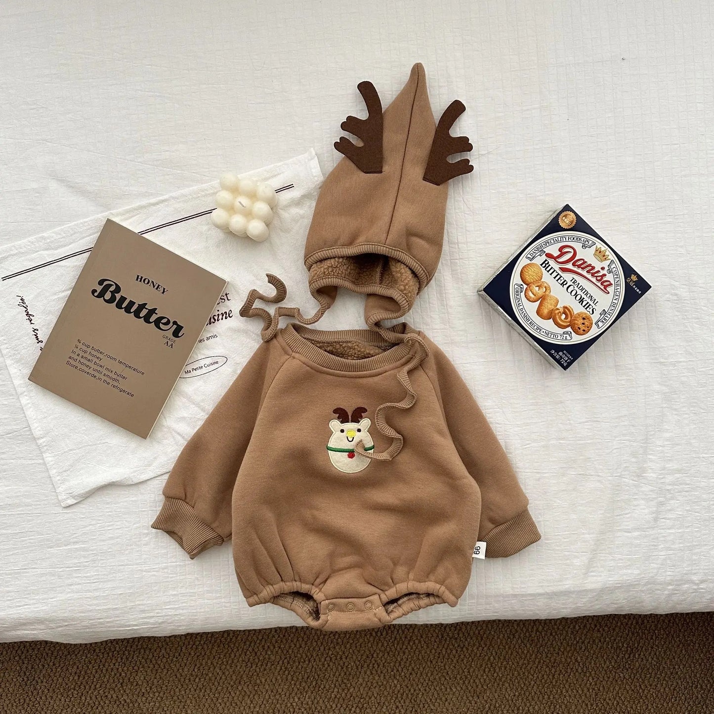 BROWN REINDEER ROMPER & BONNET (Personalized)