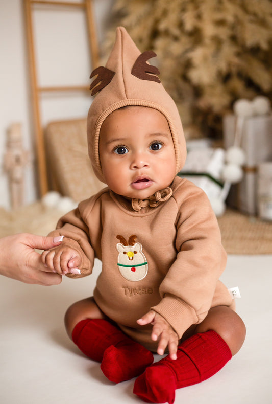 BROWN REINDEER ROMPER & BONNET (Personalized)