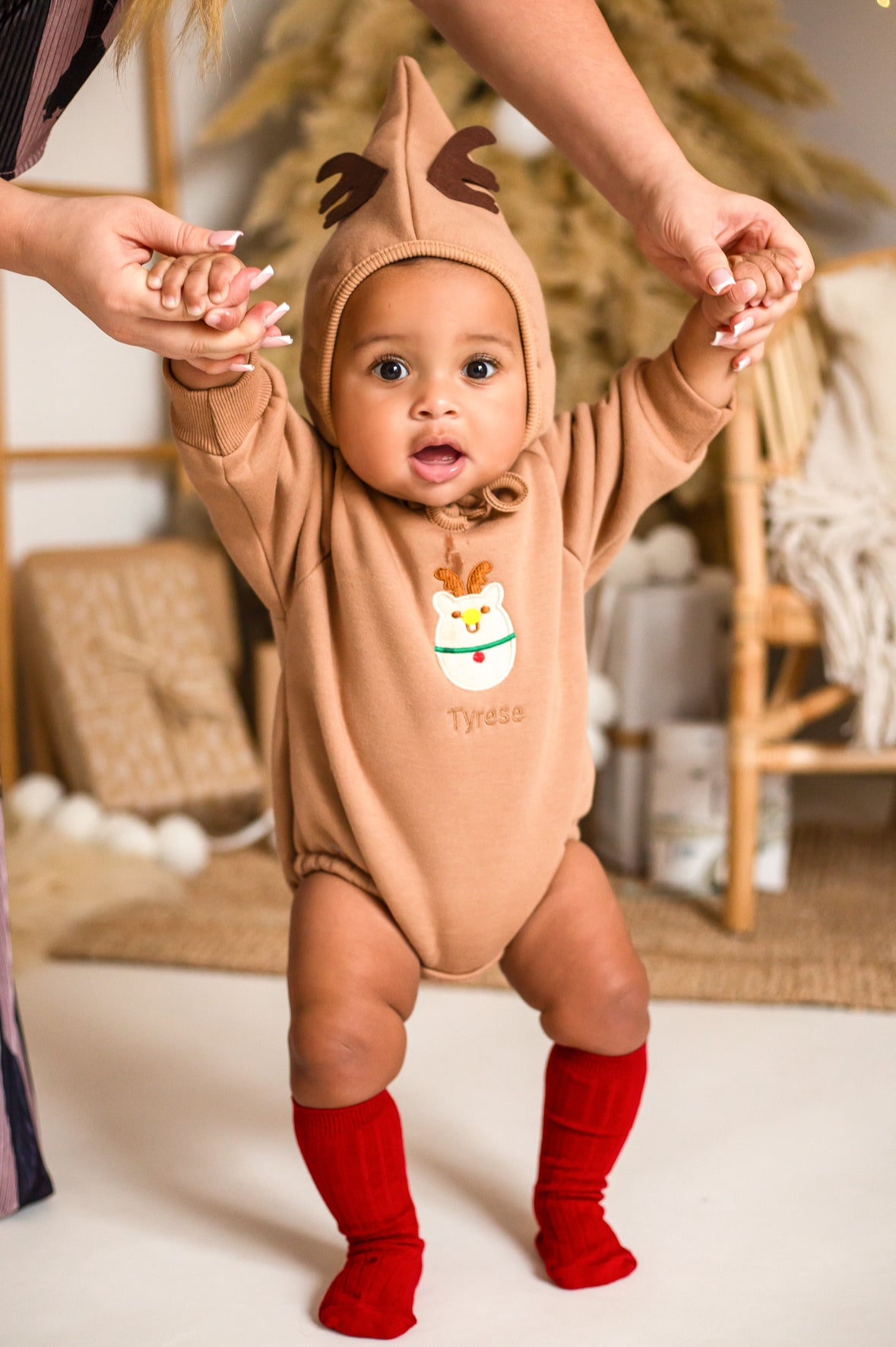 BROWN REINDEER ROMPER & BONNET (Personalized)