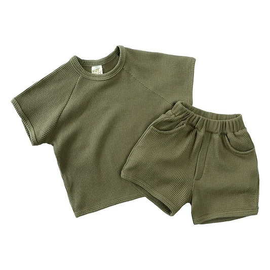GREEN WAFFLE SHORTS SET