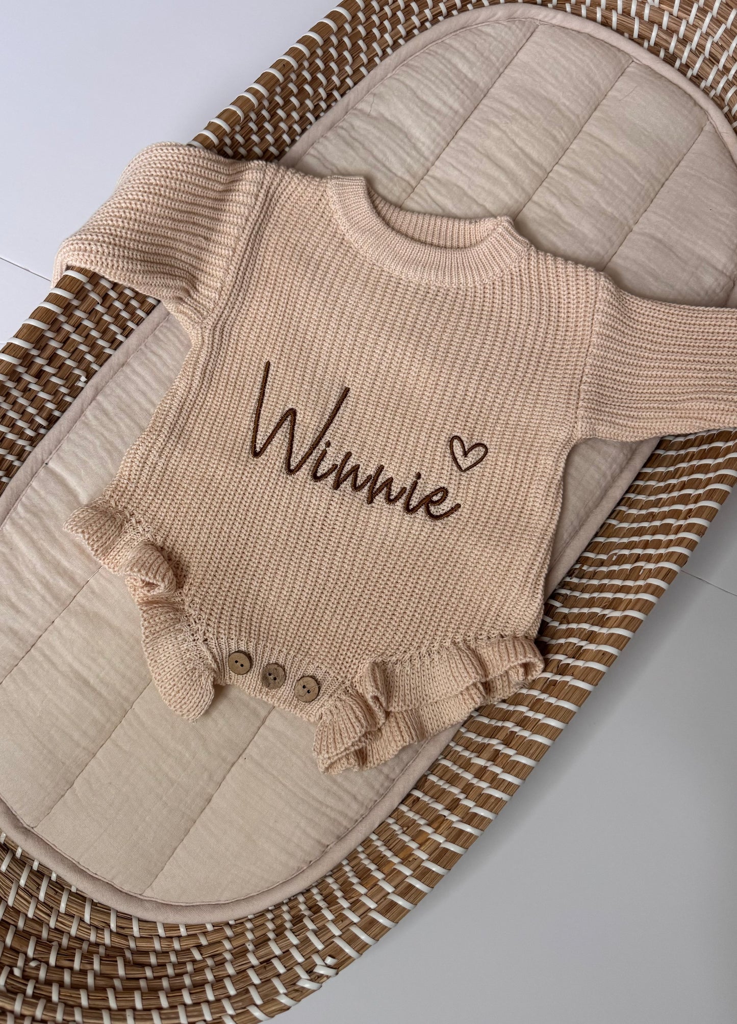 Ruffle Knit Romper Beige Personalised