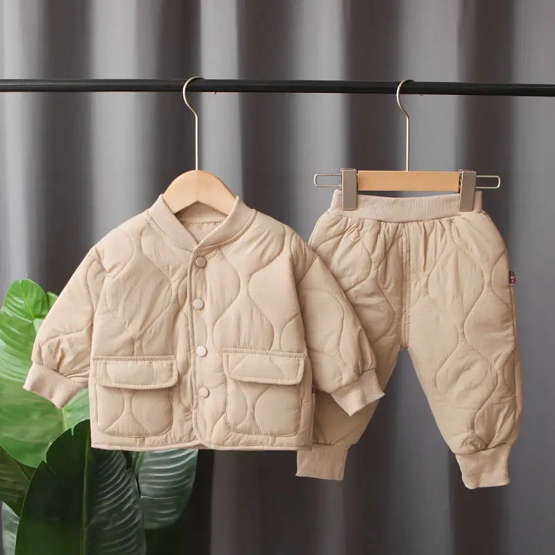 BEIGE QUILTED JACKET & BOTTOMS SET