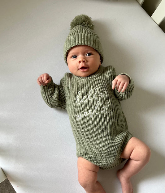 HELLO WORLD KNIT ROMPER & HAT