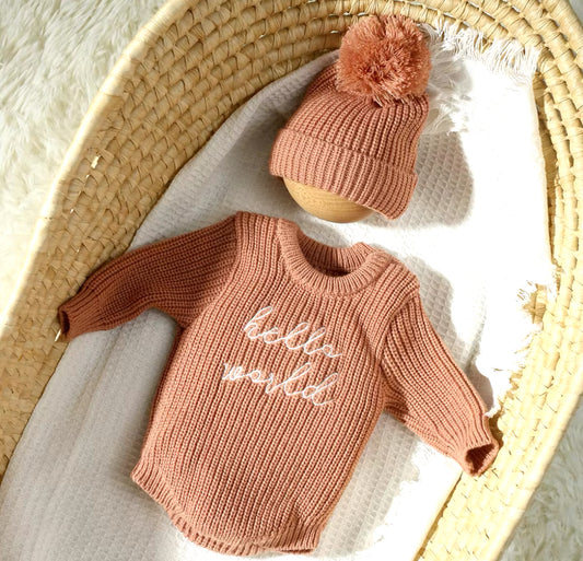 HELLO WORLD KNIT ROMPER & HAT