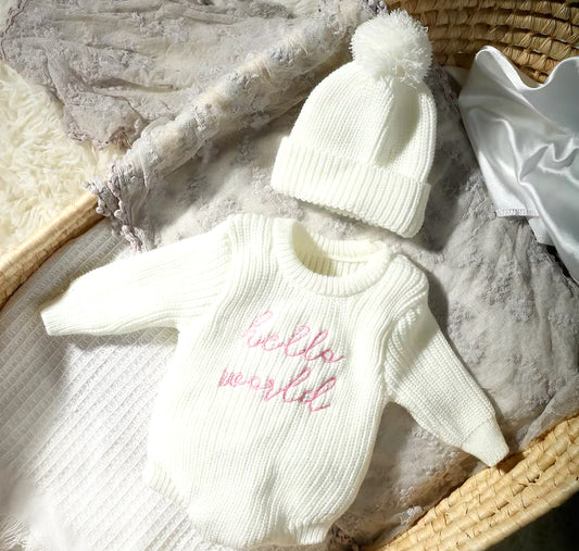 HELLO WORLD KNIT ROMPER & HAT