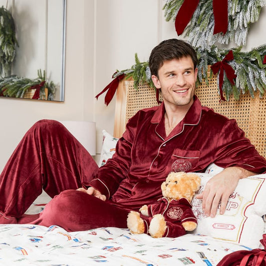 Men’s personalised polar express pyjamas Burgandy