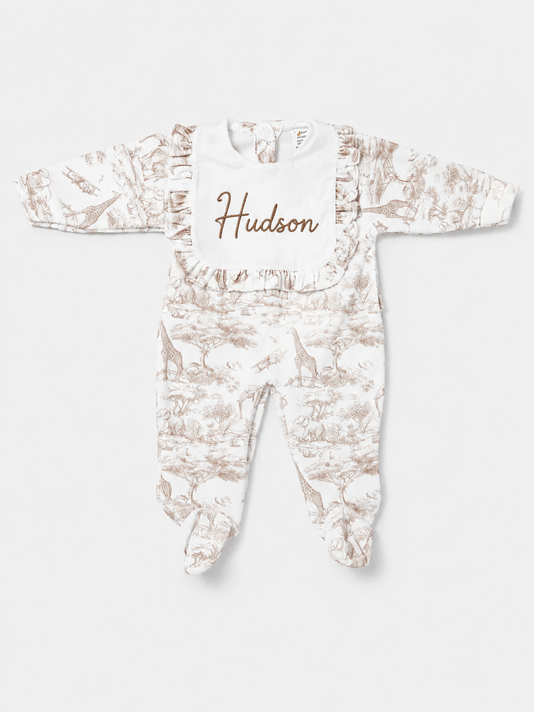 Beige safari print personalised babygrow