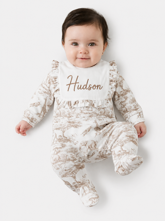 Beige safari print personalised babygrow